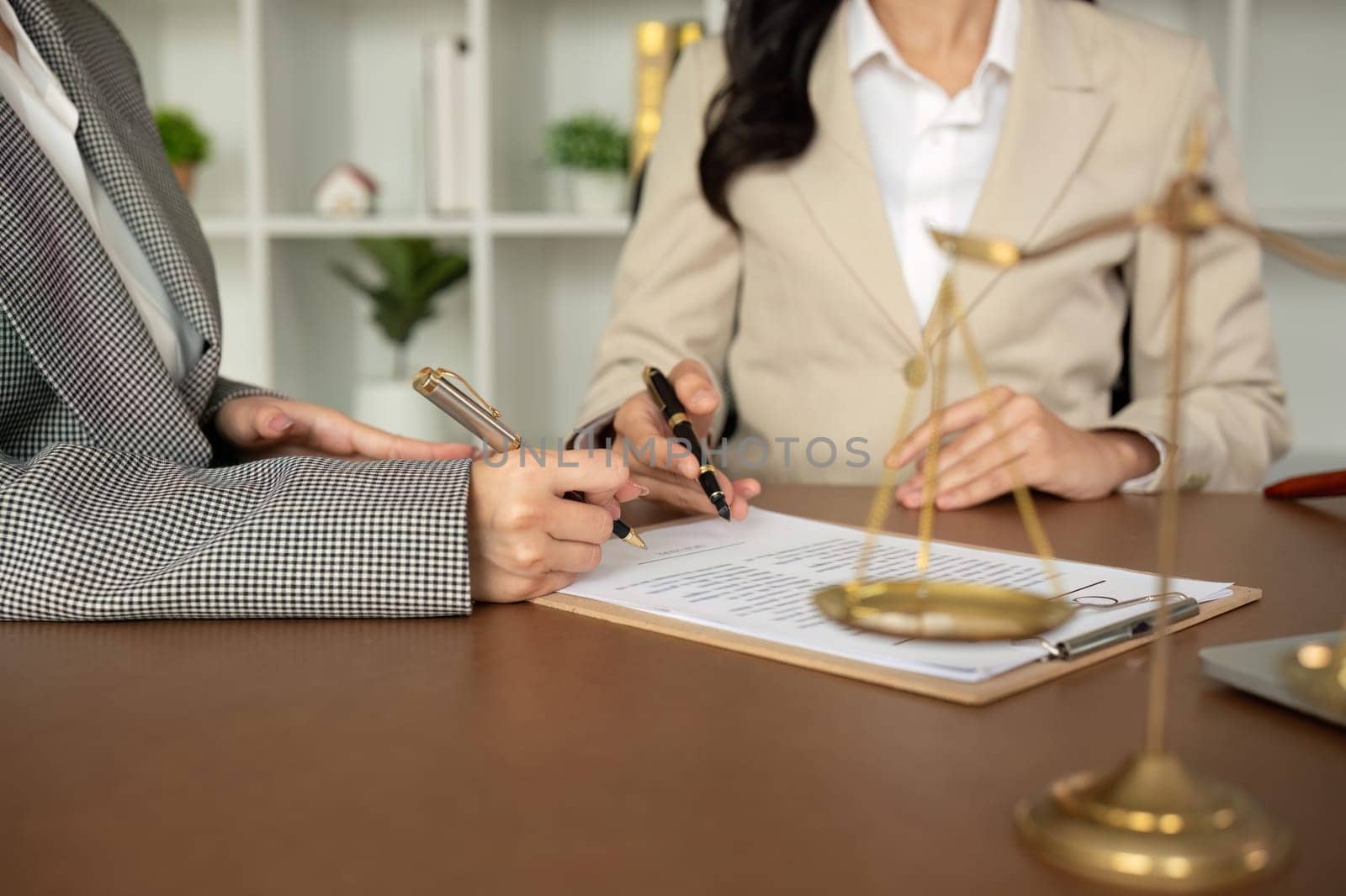 A lawyer and a businesswoman are discussing legal advice on signing a business contract. Signing an insurance or financial contract.