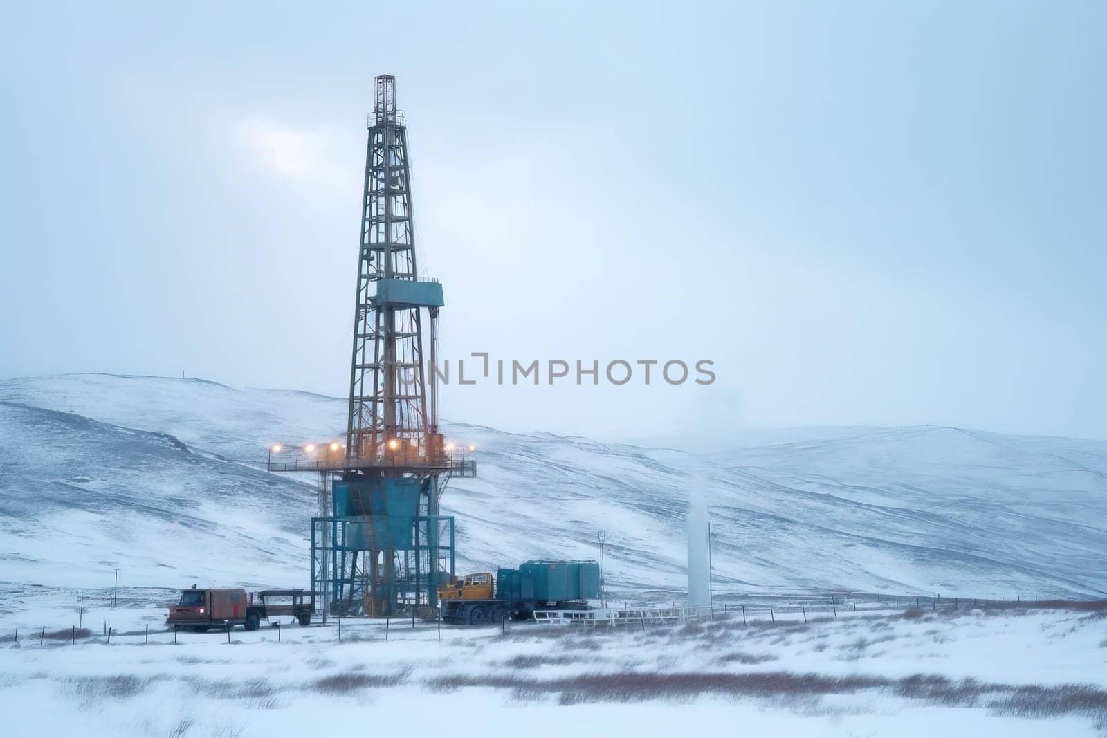Oil rig in a winter field with hills in the background by GekaSkr