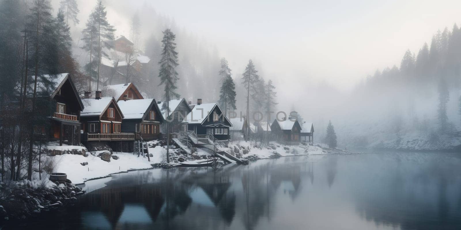 Olh Wooden Houses On A Bank Of Lake, In Early Morning by GekaSkr