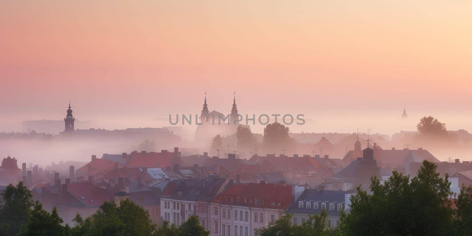 Earopean City With Mist Above Houses, In Early Morning by GekaSkr