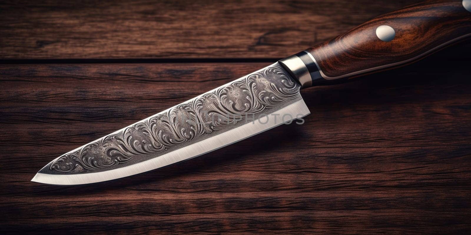 Kitchen Knife made of damascus steel on a table by GekaSkr