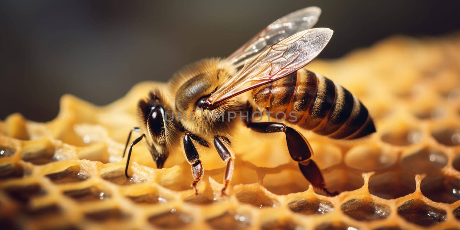 Close-up of a bee on the honeycomb eating on a blurred background by GekaSkr