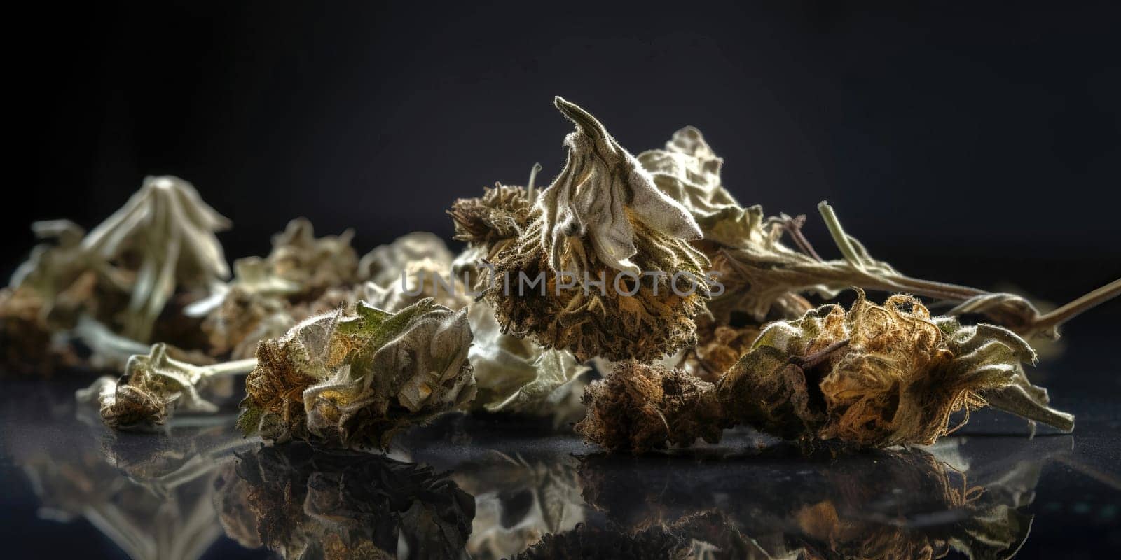 dry cannabis on background of dark table, generative AI by GekaSkr