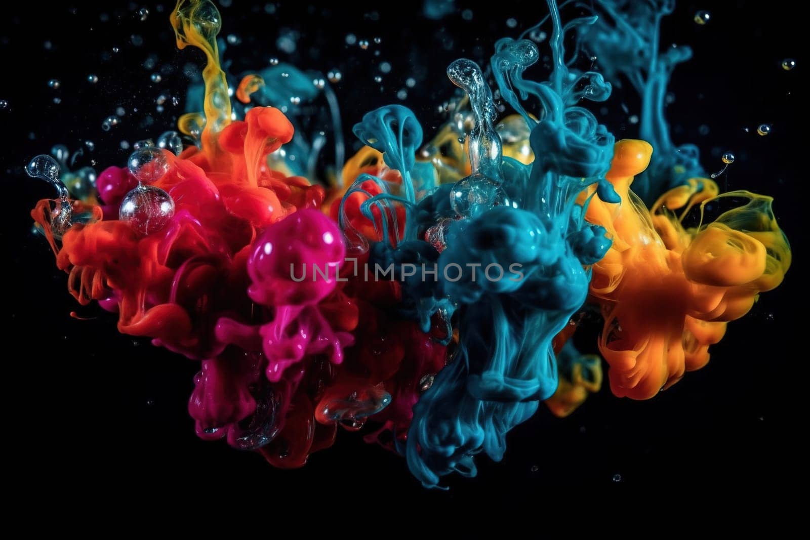 Color paint in water on the black background, generative AI by GekaSkr