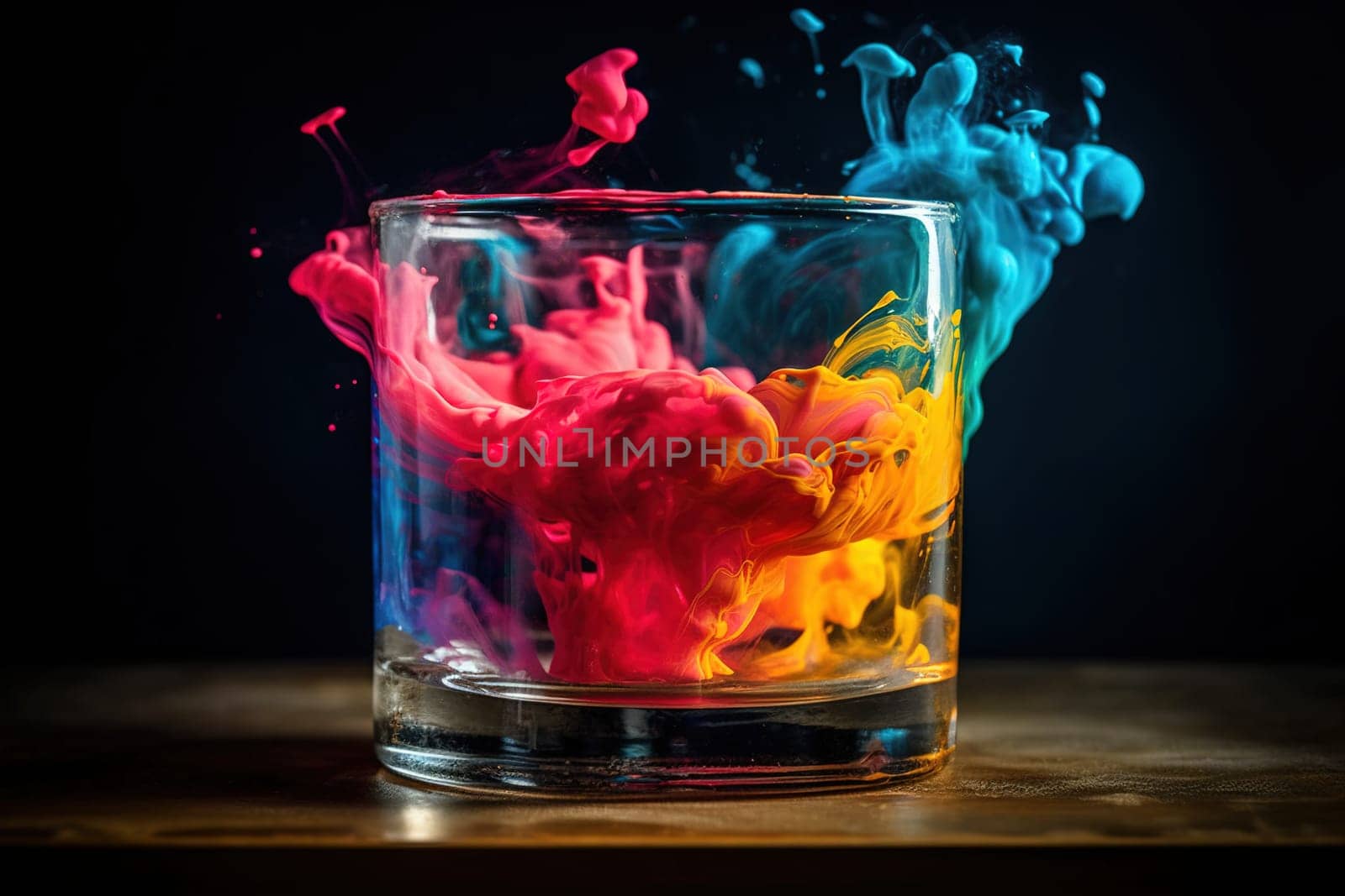 abstruct colorful splashes in a glass on a black background, generative AI by GekaSkr