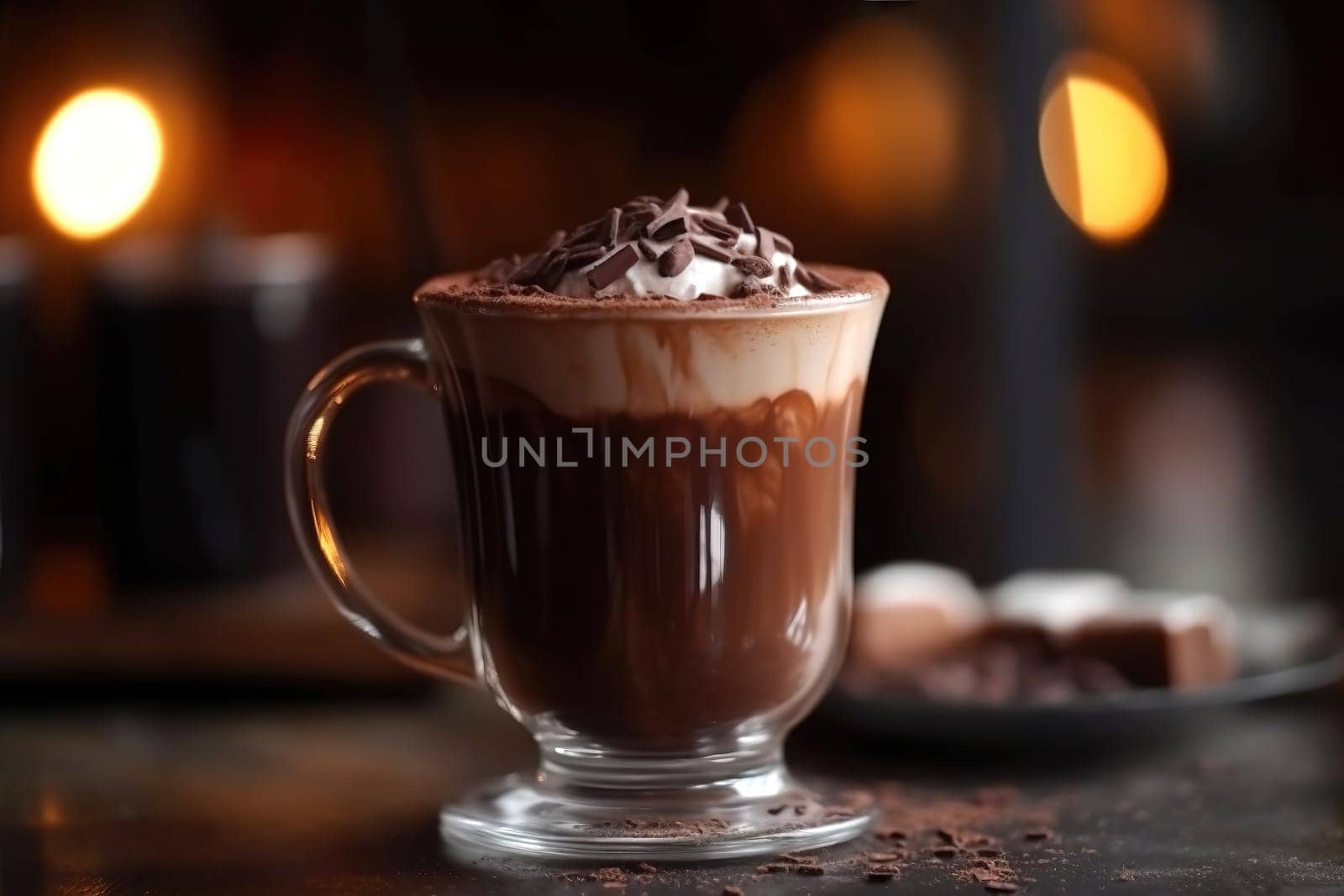 hot chocolate drink with a cream in a glass on a table in Cafe with dessert , generative AI by GekaSkr