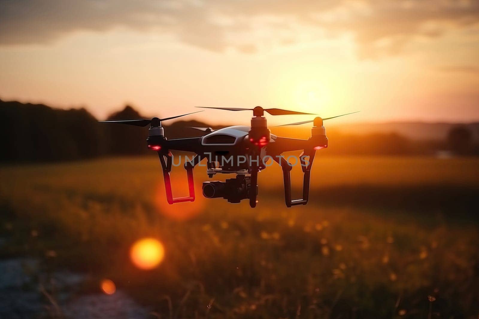 modern quadcopter drone with a high resolution camera flying above the agricultural field by GekaSkr