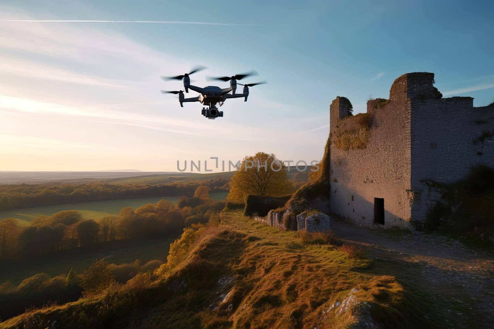 modern quadcopter drone flying and shooting ancient ruined Castle from above by GekaSkr