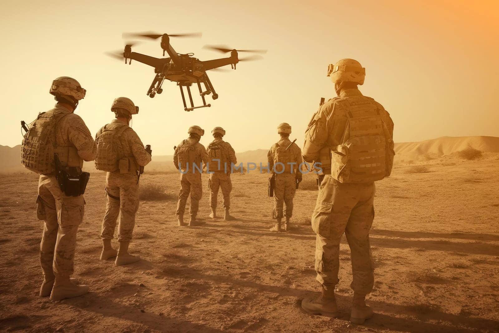 soldiers in a modern military equipment with the quadcopter drone are going to observe nearest Terrain by GekaSkr