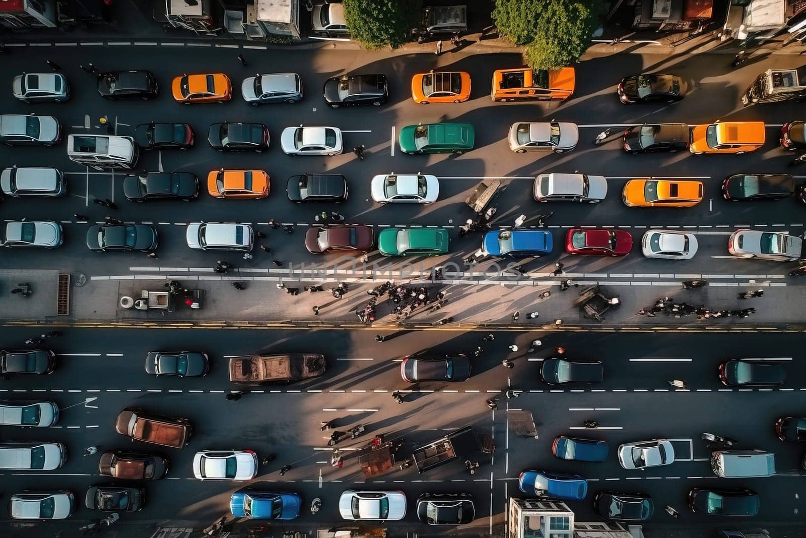 big traffic jam on a City Road with a lot of cars and buses top view from above by GekaSkr