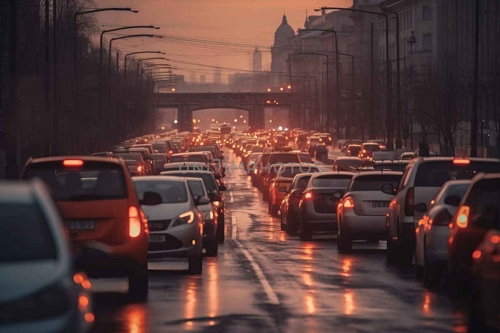 Cars in big traffic jam on a European Road at the evening by GekaSkr