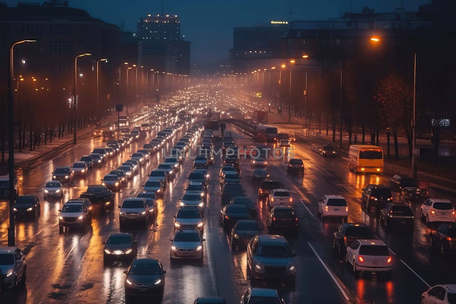 Big traffic jam on a wide Highway full of cars at night, view from above by GekaSkr