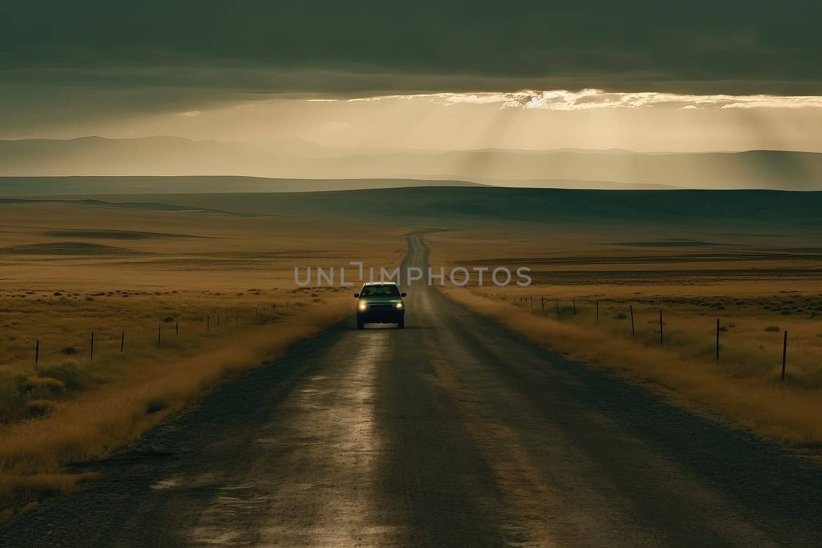 lonely car is going by the straight road in the desert area with the rainy clouds at far by GekaSkr