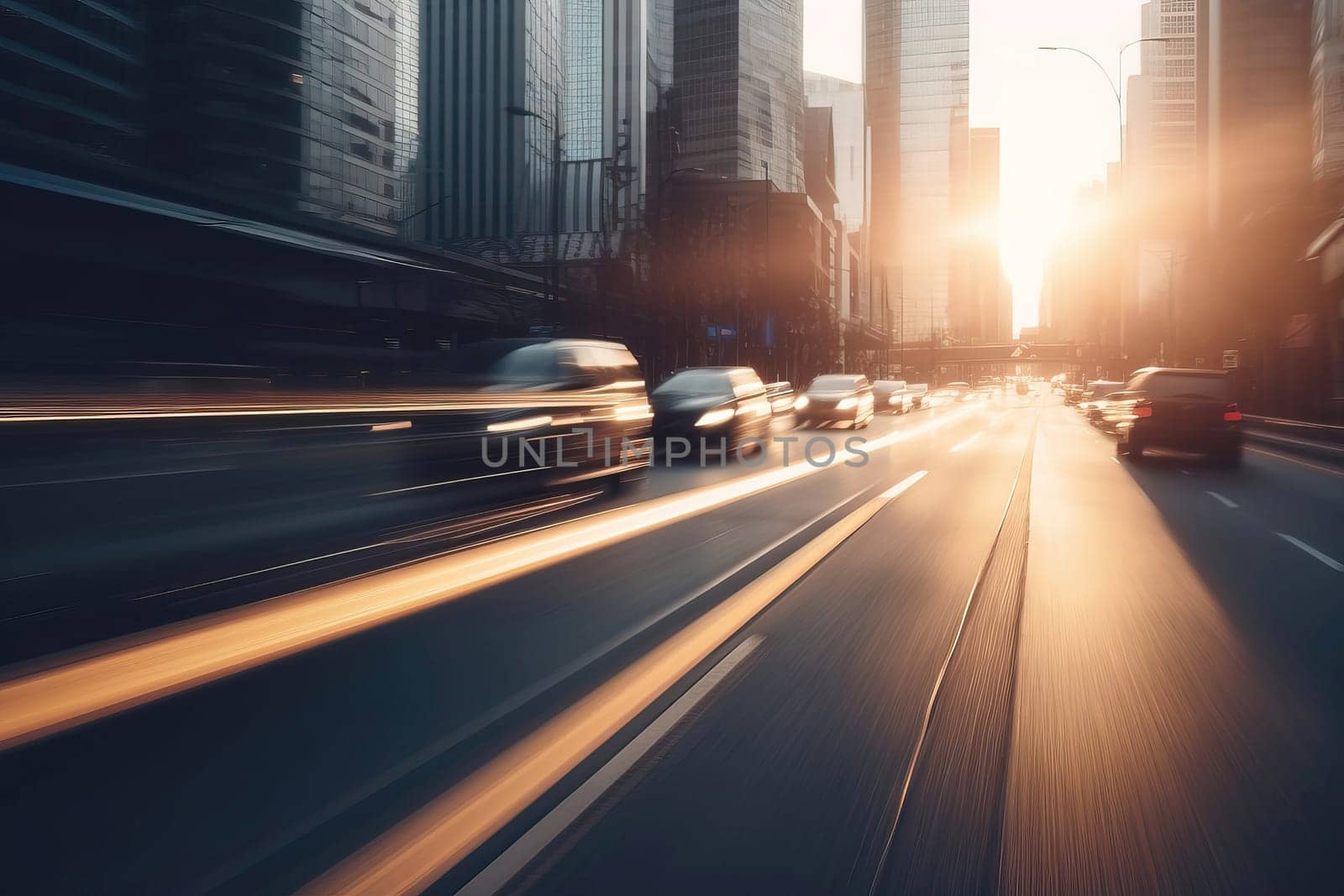 Heavy traffic of cars by the highway road in the city center against High buildings and skyscrapers by GekaSkr