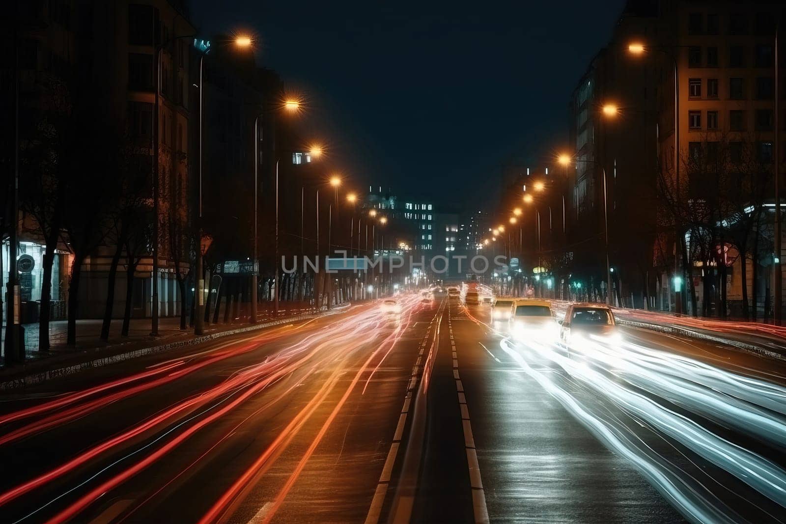 Headlights trails from public transport and cars in a modern big city at night by GekaSkr