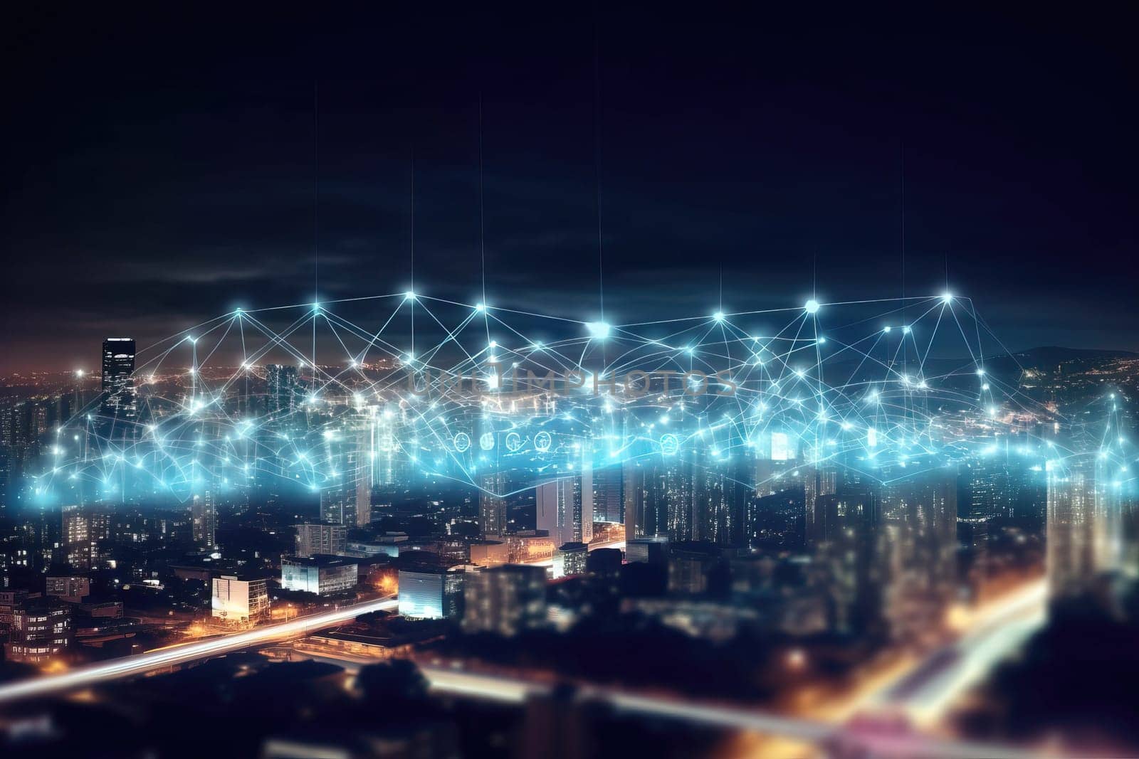 Illustration Of Modern Night City With Blue Lights And Trails In The Sky, Communications And High Speed Internet Technologies In The City by GekaSkr