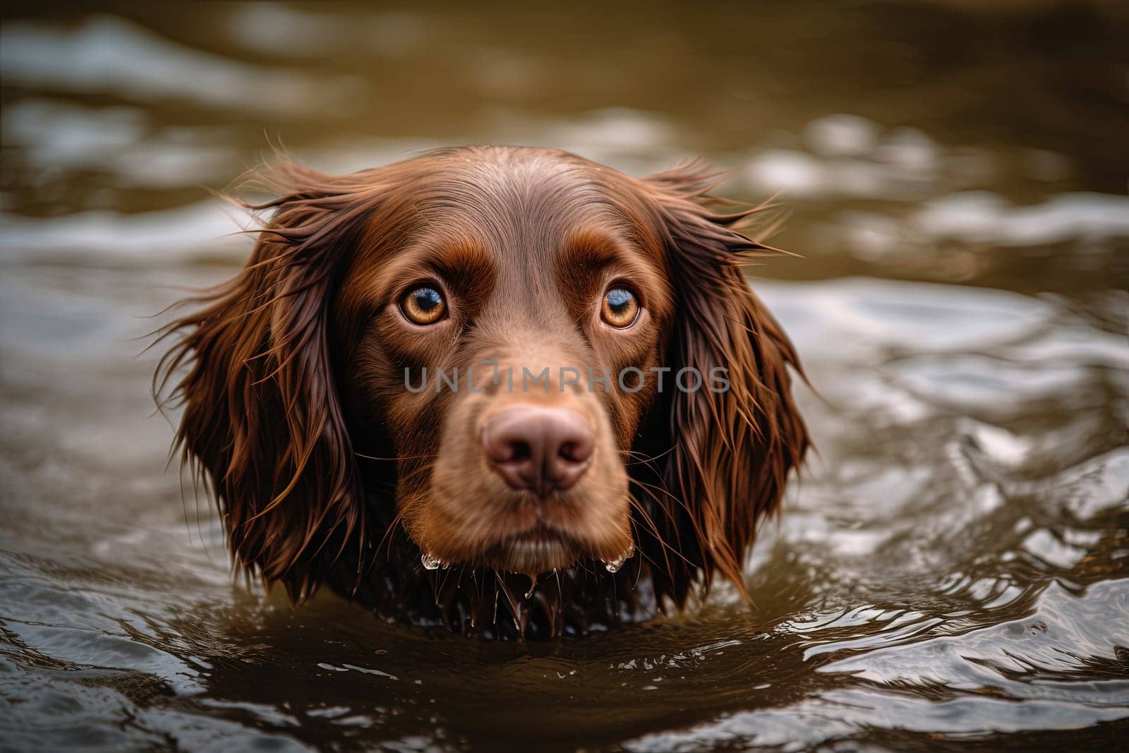 Dog loves swimming in water during hot summer days. by GekaSkr