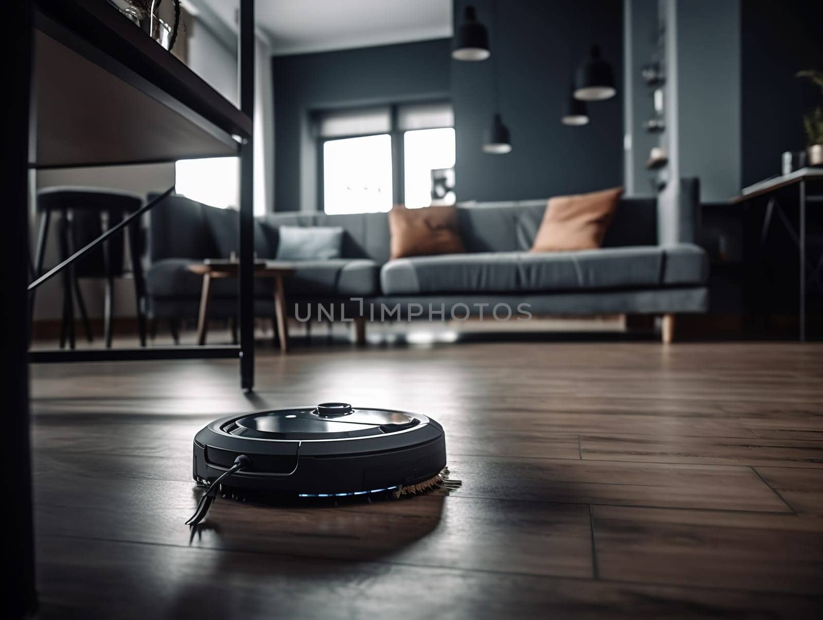 wireless vacuum cleaner cleaning a floor in a living room by GekaSkr