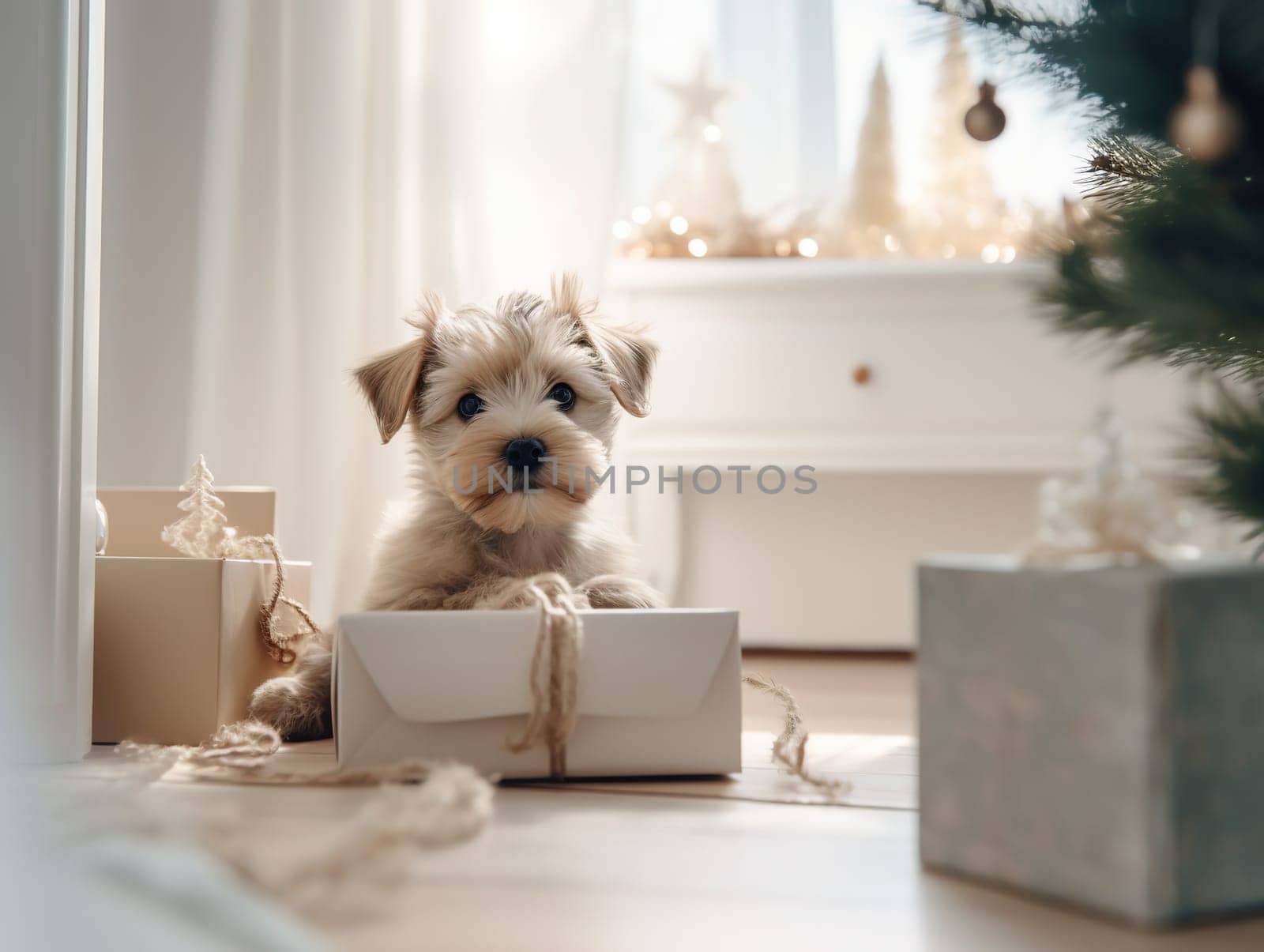 Puppy Sits Near Christmas Tree With Gifts In Room by GekaSkr