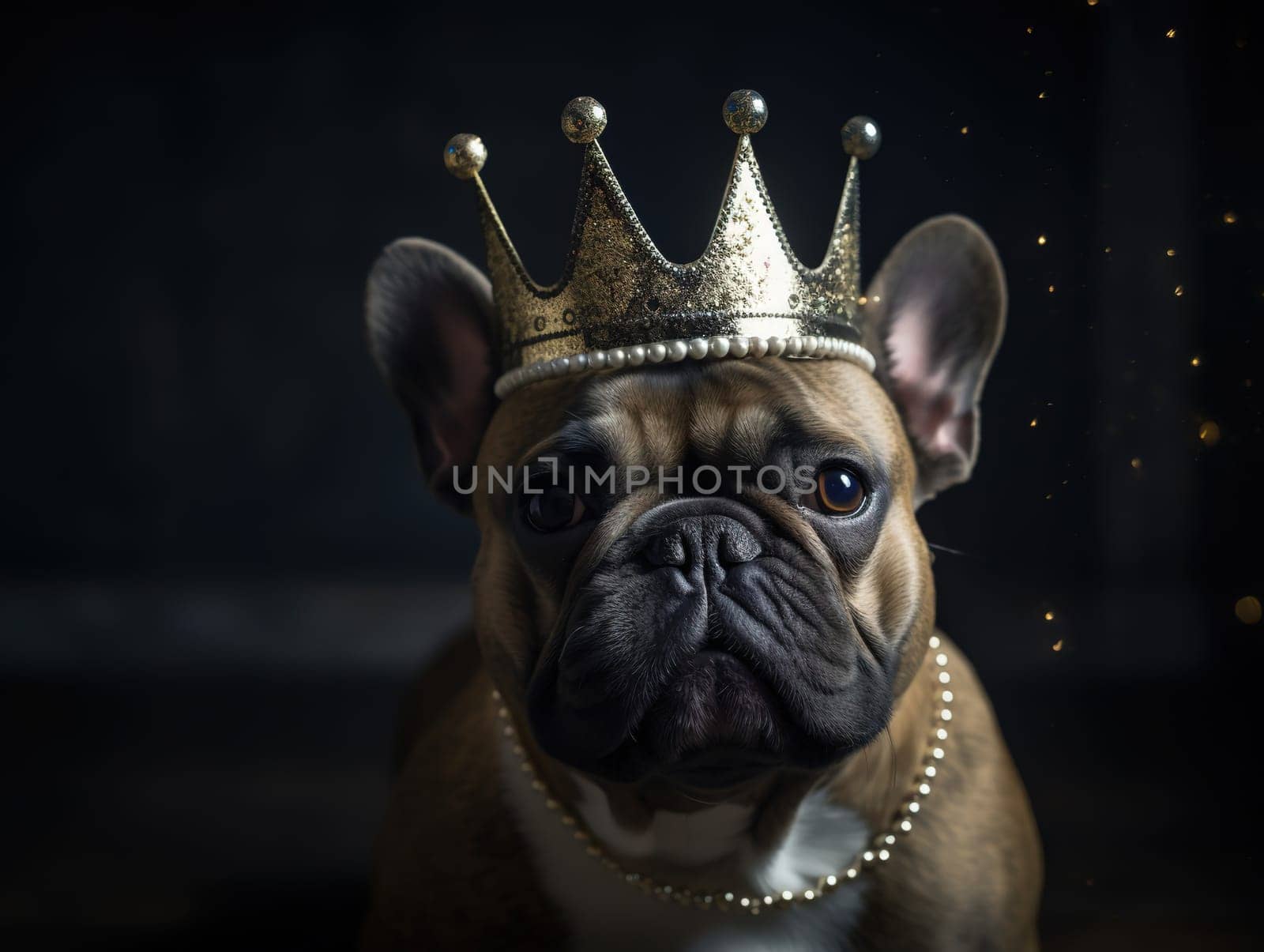Dog In Carnival Crown Sits On Blurred Background Of Living Room by GekaSkr
