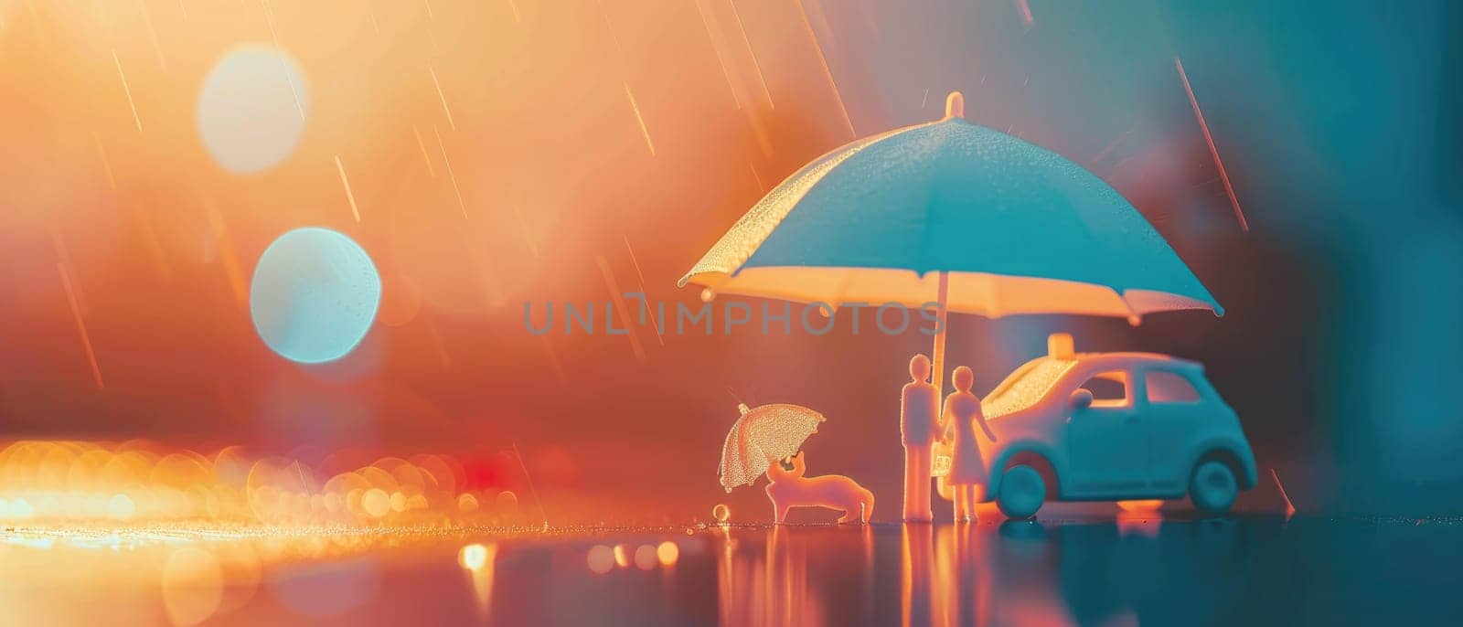 A small orange car is sitting in a puddle with a blue umbrella over it by AI generated image by wichayada