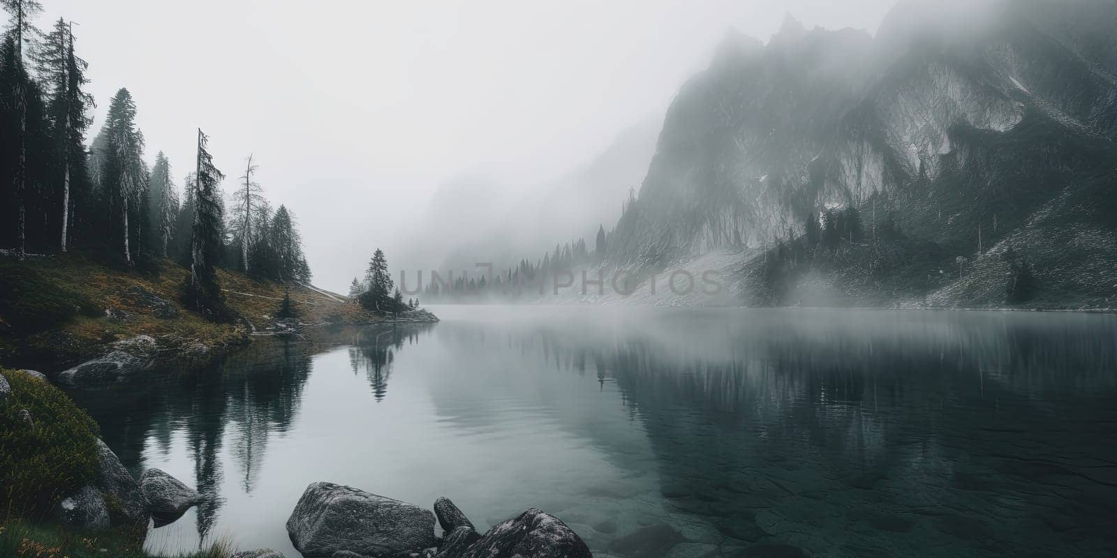 amazing foggy View on a mountain lake , generative AI by GekaSkr
