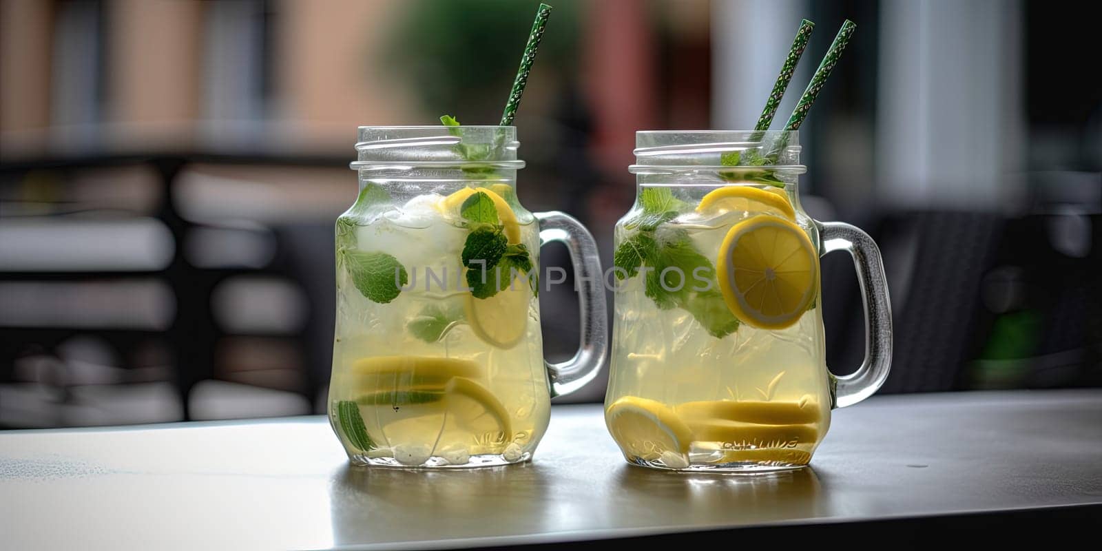 Two glasses with fresh cold lemonade with lemons and mint on a cafe table by GekaSkr