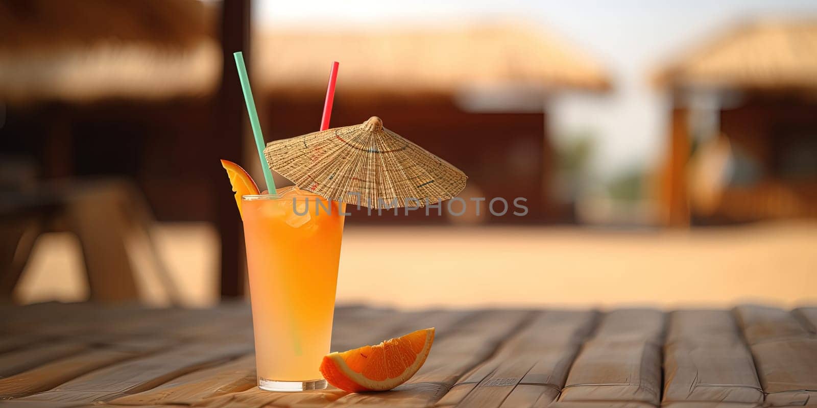 Close-up shot of a tropical cocktail with a sunset in blurred the background by GekaSkr