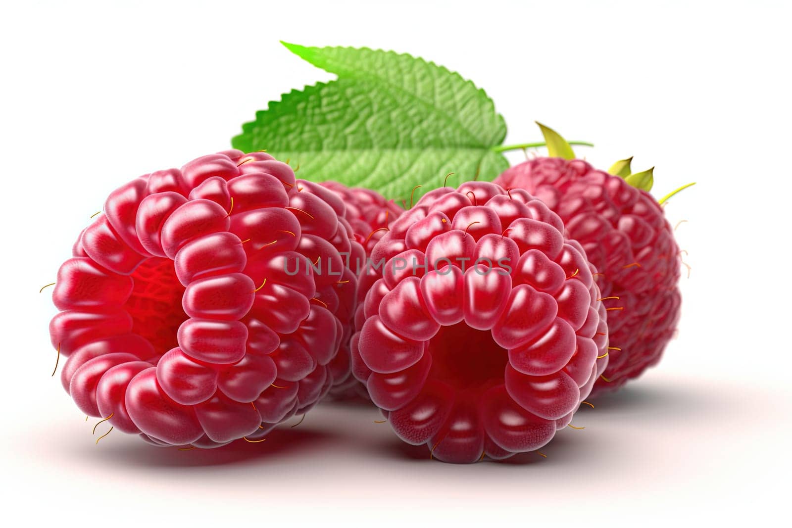 Red raspberries with stem isolated on a white background, 3d render by GekaSkr
