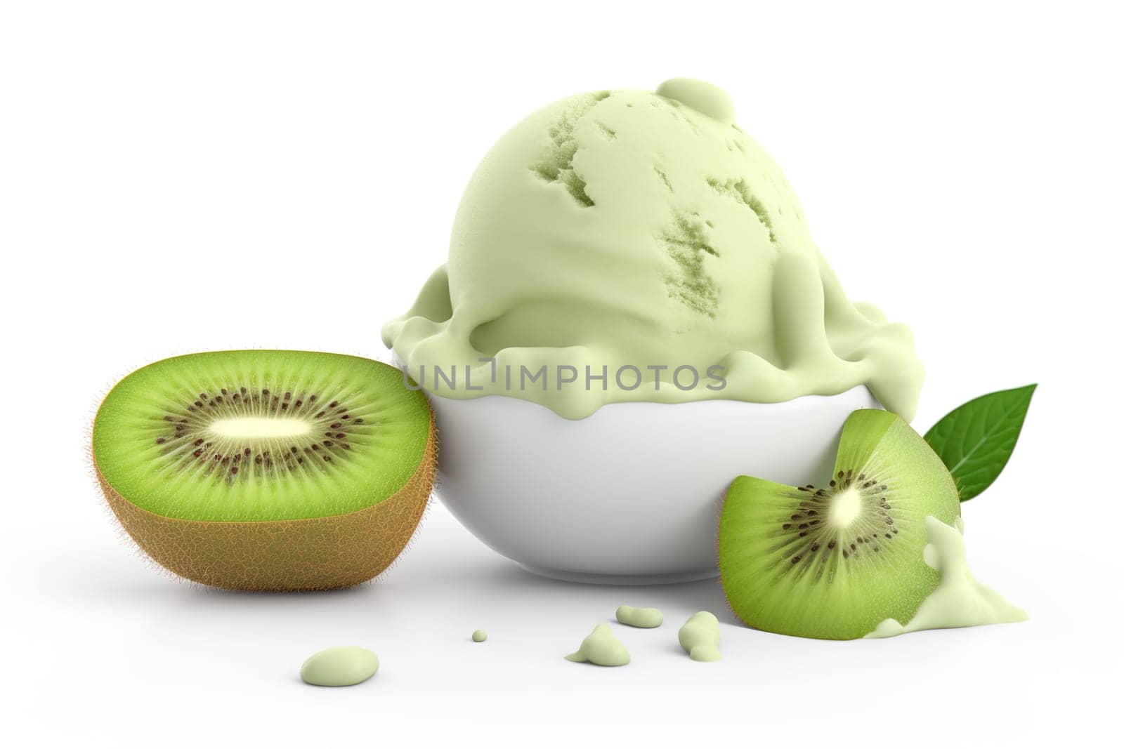 Kiwi Ice Cream Scoop With Slices Of Kiwi On A White Background, 3D Render by GekaSkr