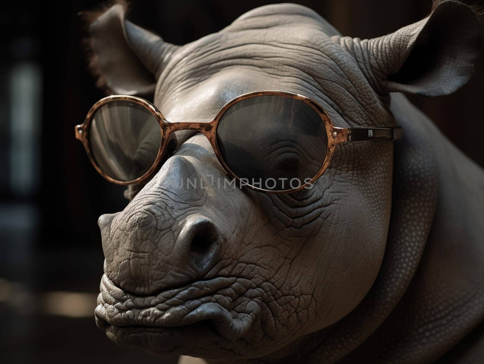 Funny Big Rhino In Dark Glasses In Close-Up by GekaSkr