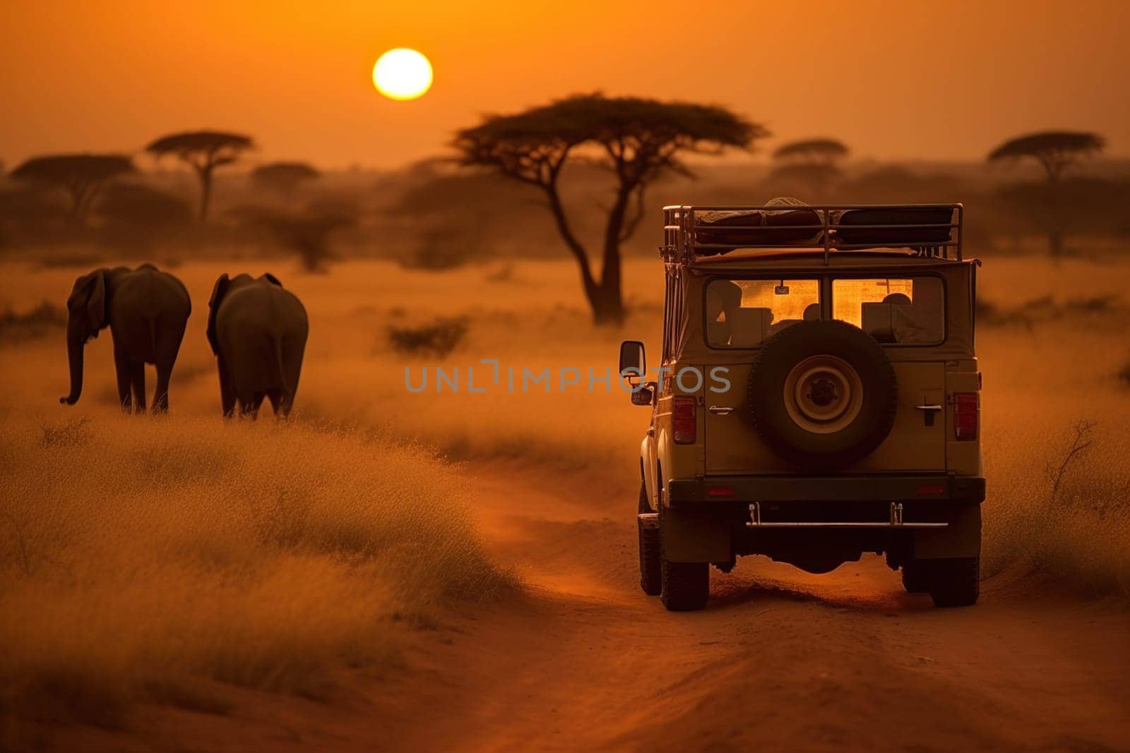 African Safari Features Off-Road Vehicle With Travelers Chasing Elephants In Savannah At Sunset by GekaSkr