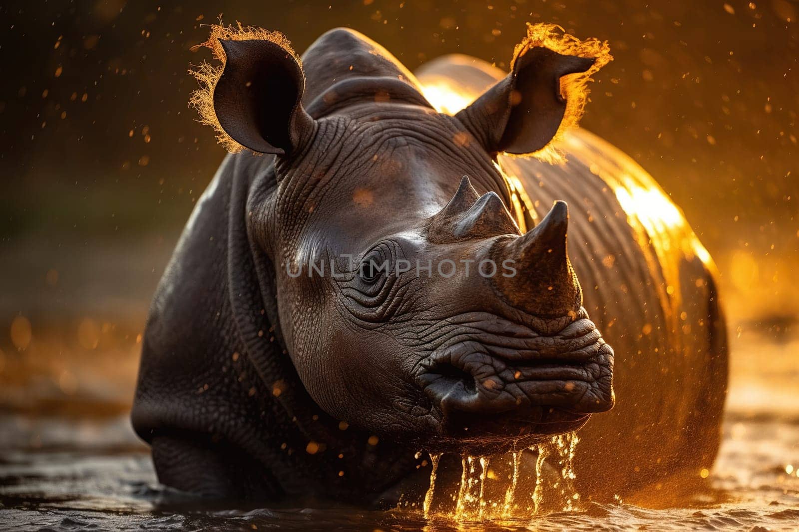 Large Rhino Bathes In Lake At Sunset by GekaSkr