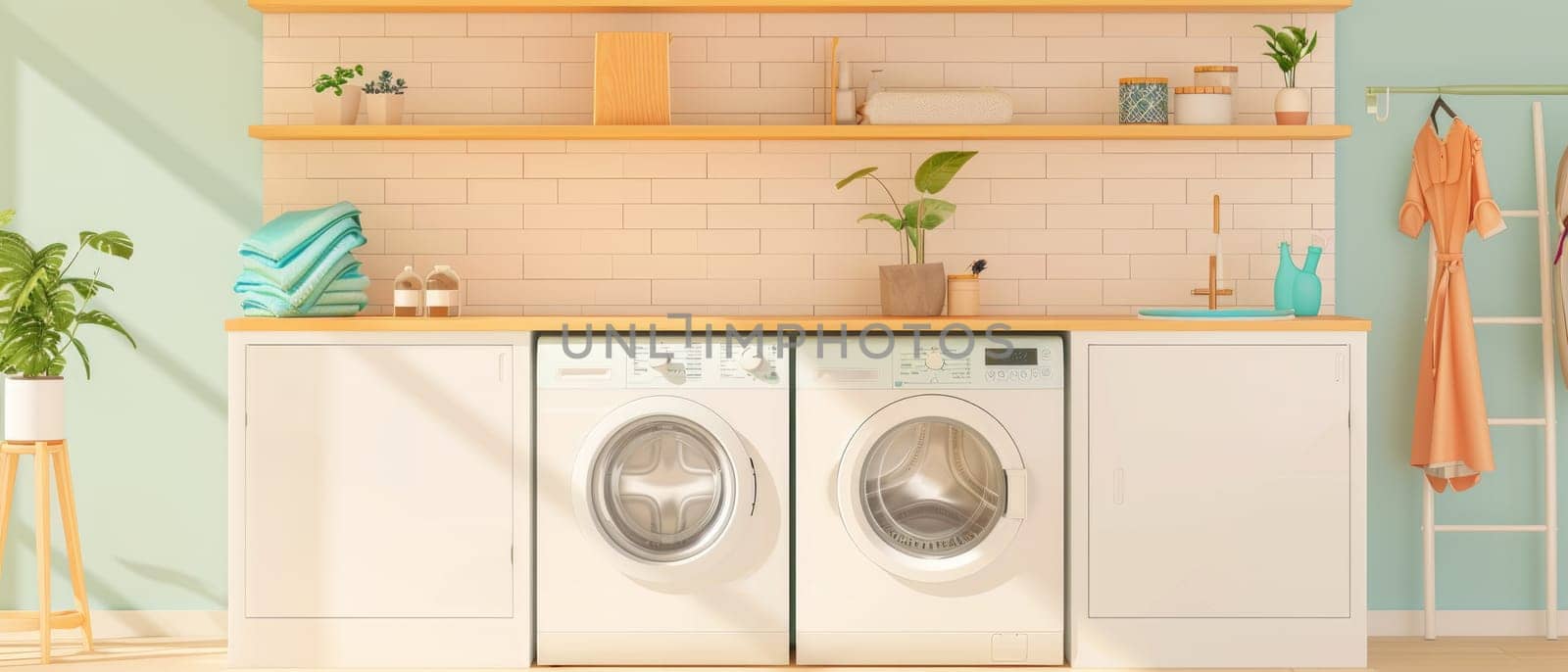 A small, cozy laundry room with a washer and dryer by AI generated image.