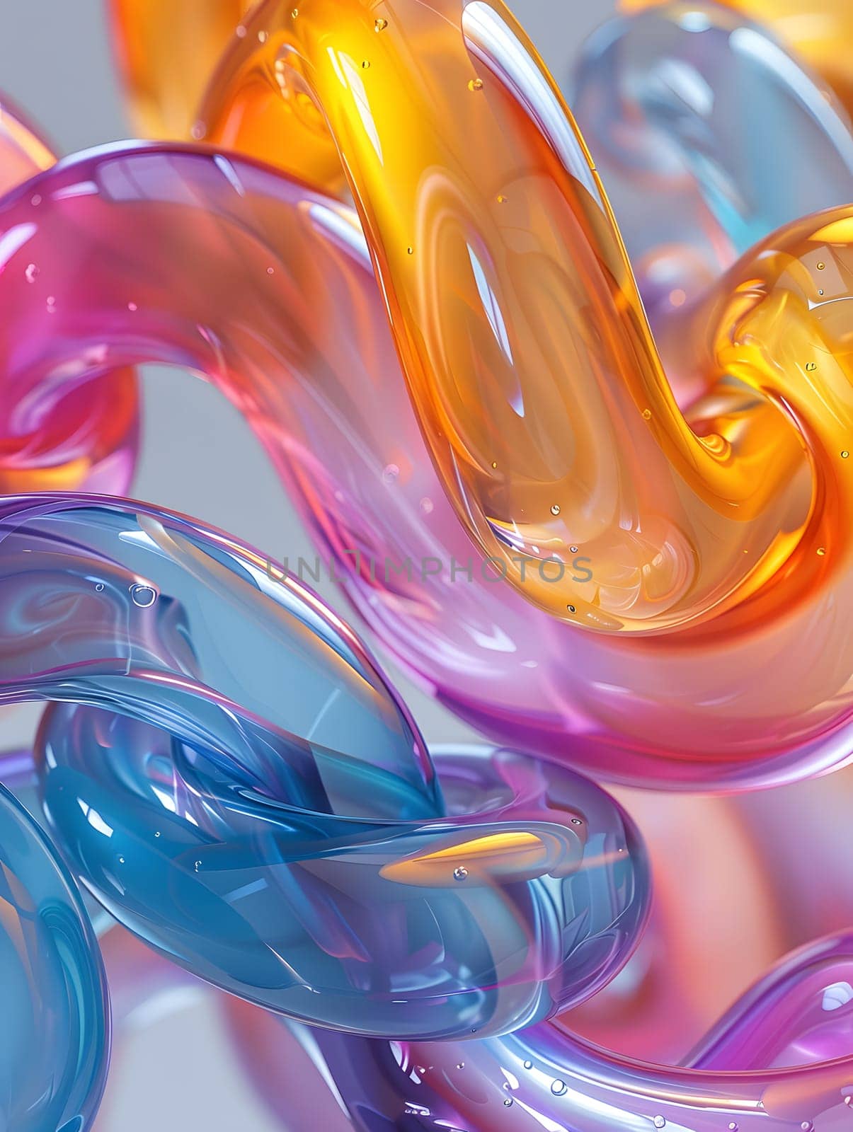 Closeup of vibrant glass sculptures showcasing a mix of liquidlike purple, magenta, and electric blue colors. The transparent material forms intricate patterns, creating a mesmerizing art display