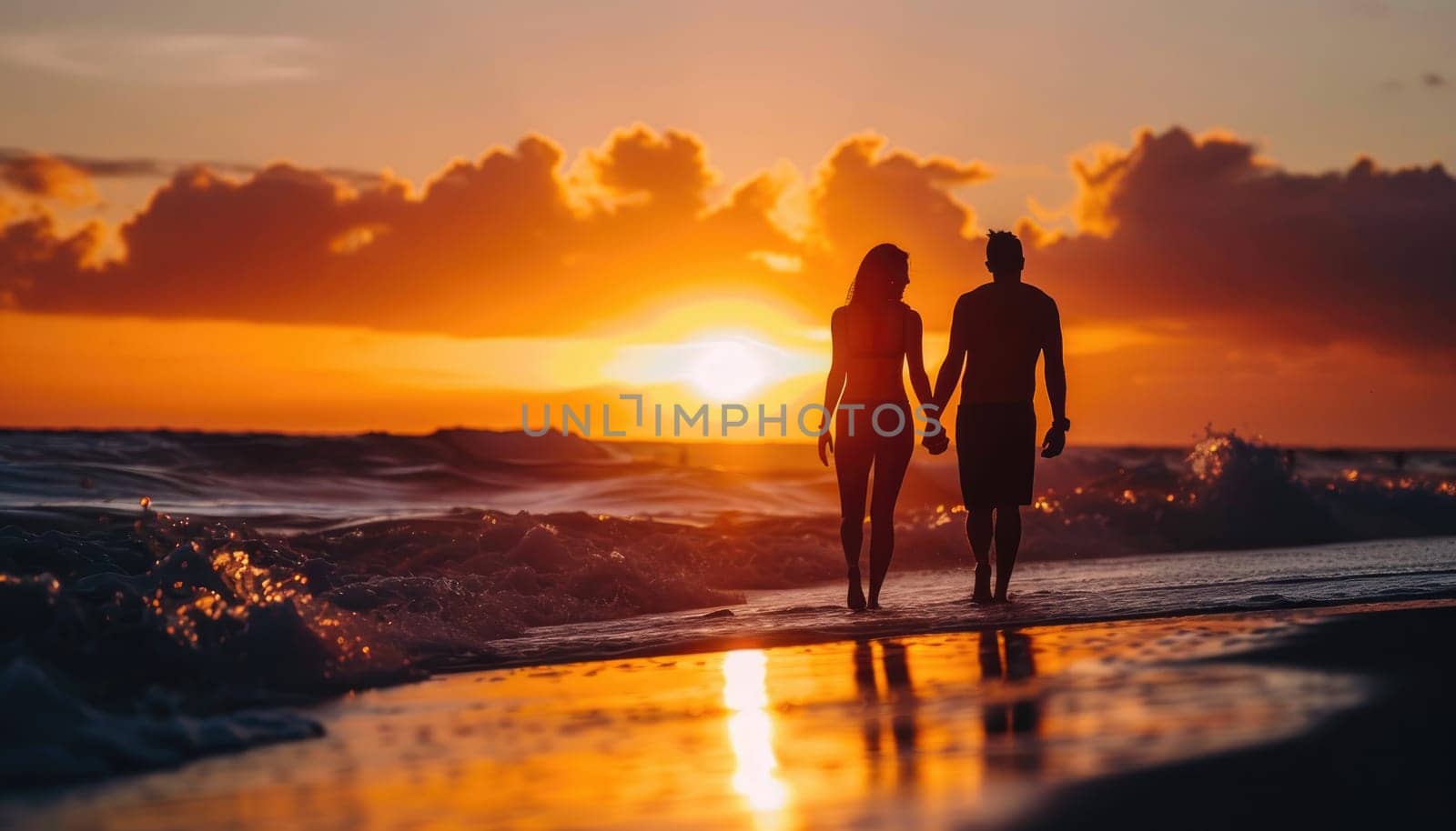 A group of three people are walking on the beach at sunset by AI generated image.