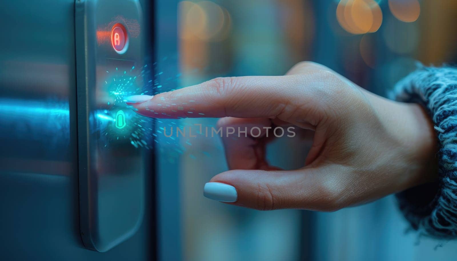 A woman is pointing at a button on a digital screen by AI generated image.