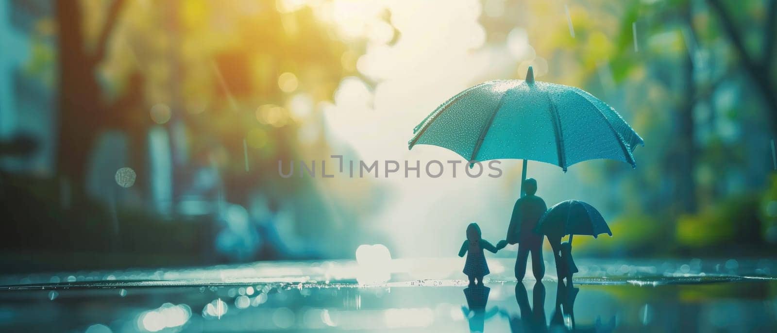 A small orange car is sitting in a puddle with a blue umbrella over it by AI generated image by wichayada