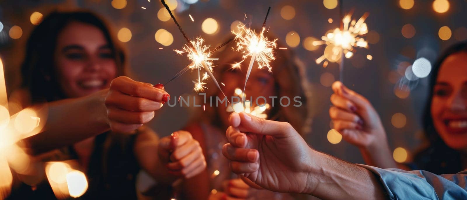 A group of people are holding lit sparklers and smiling by AI generated image by wichayada
