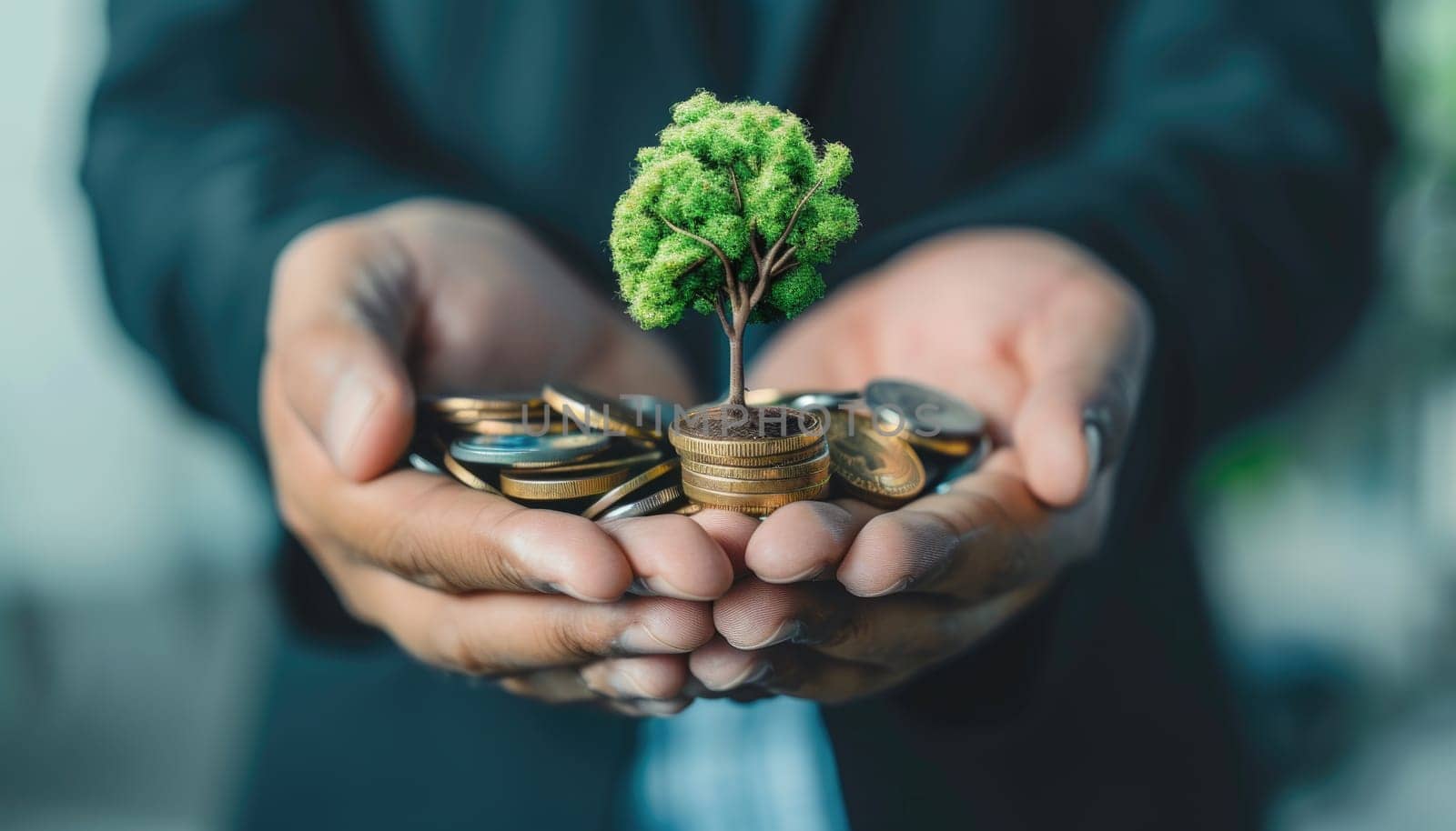 A person is holding a small tree and a pile of coins by AI generated image.
