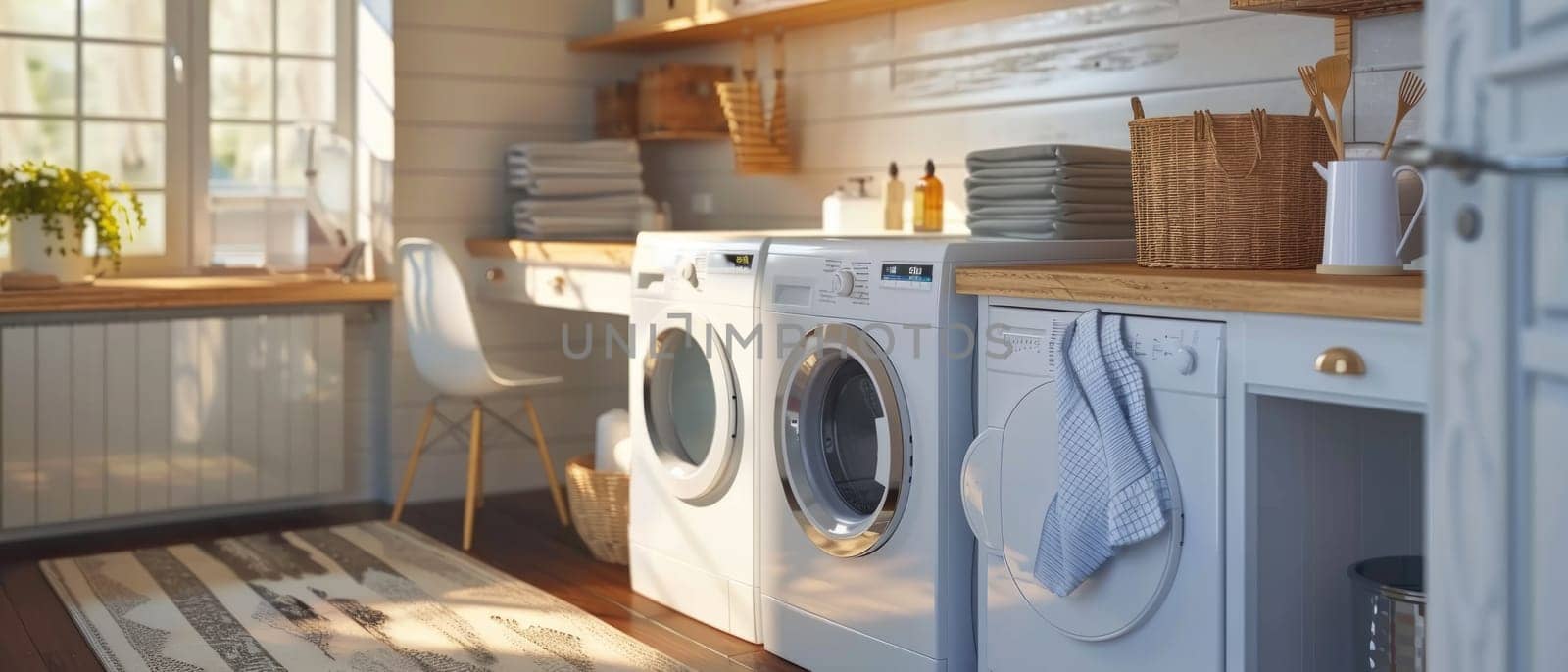 A small, cozy laundry room with a washer and dryer by AI generated image by wichayada