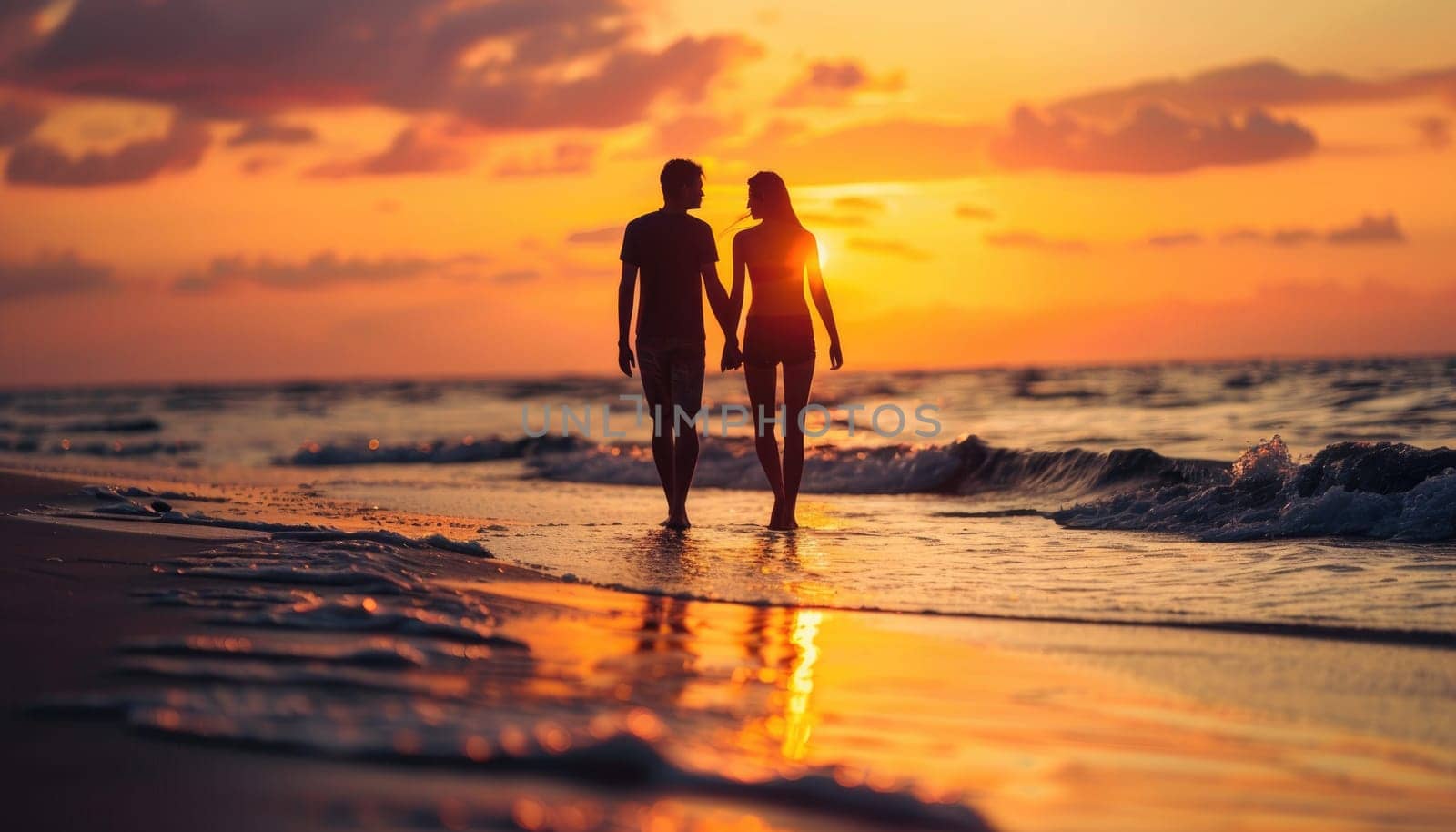 A group of three people are walking on the beach at sunset by AI generated image.