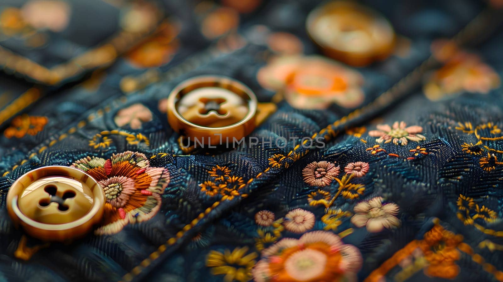 A closeup shot of a metal button on a shirt with a floral pattern in electric blue and orange hues. The intricate circle design is a fashion accessory that adds a touch of art to the garment