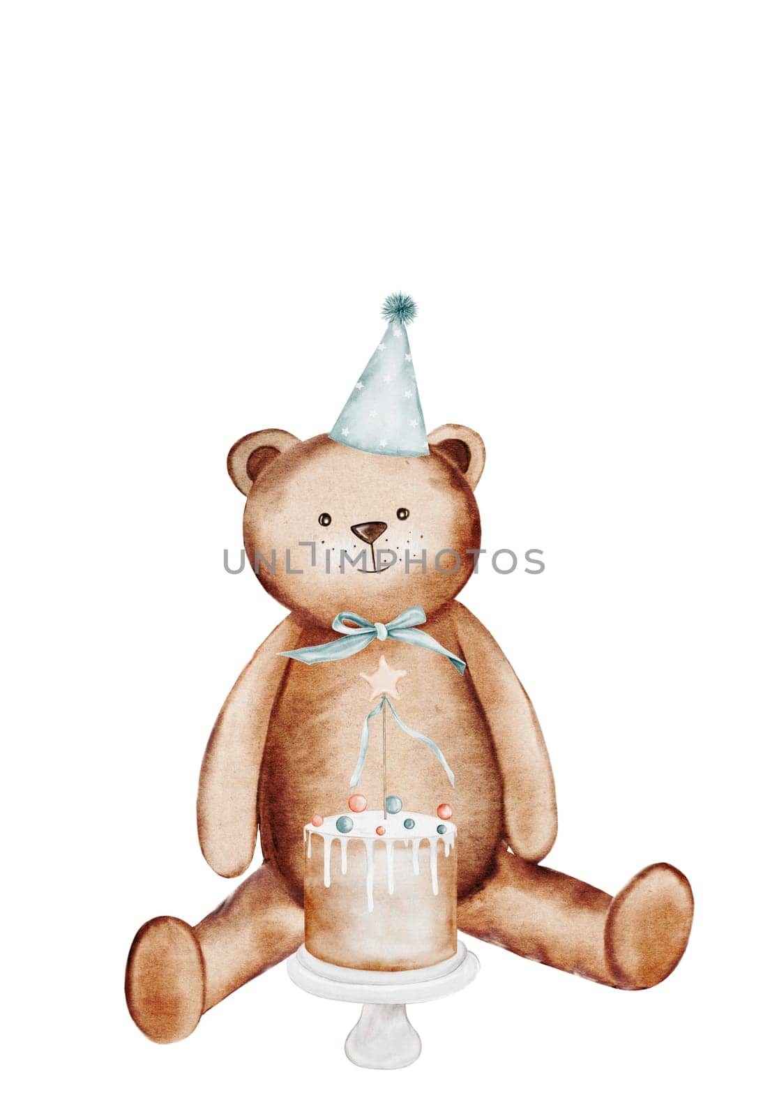 Watercolor invitation card template with teddy bear. Cute composition with an animal and a cake in Scandinavian style. Clip art isolated on white background. For birthday and baby shower design. High quality photo