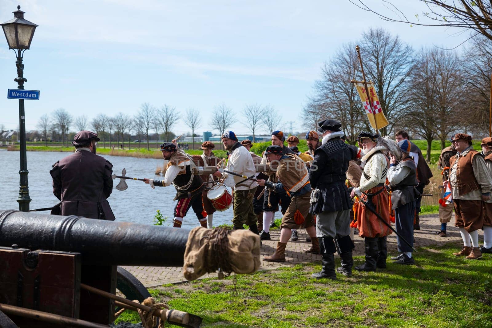 Brielle,Holland,1-04-2024:the highlight of the celebration of the liberation of Den Briel, the storming of the gate the first town to be liberated from the Spanish in Den Briel in 1572