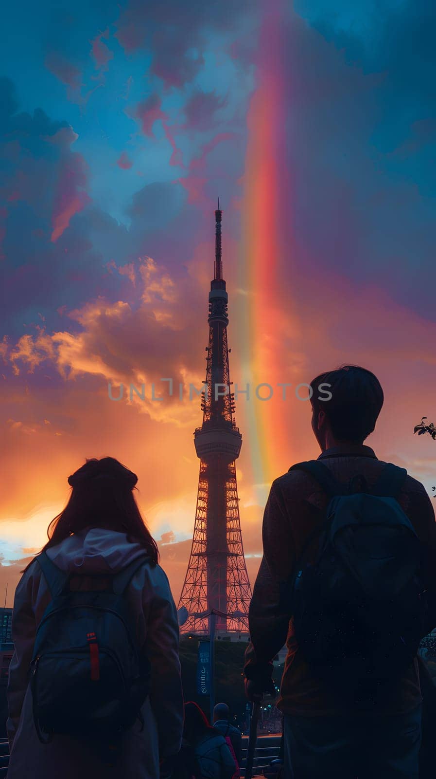 As the sun set, a man and a woman gazed at a rainbow stretching across the sky over a towering building in the city, creating a beautiful and magical moment