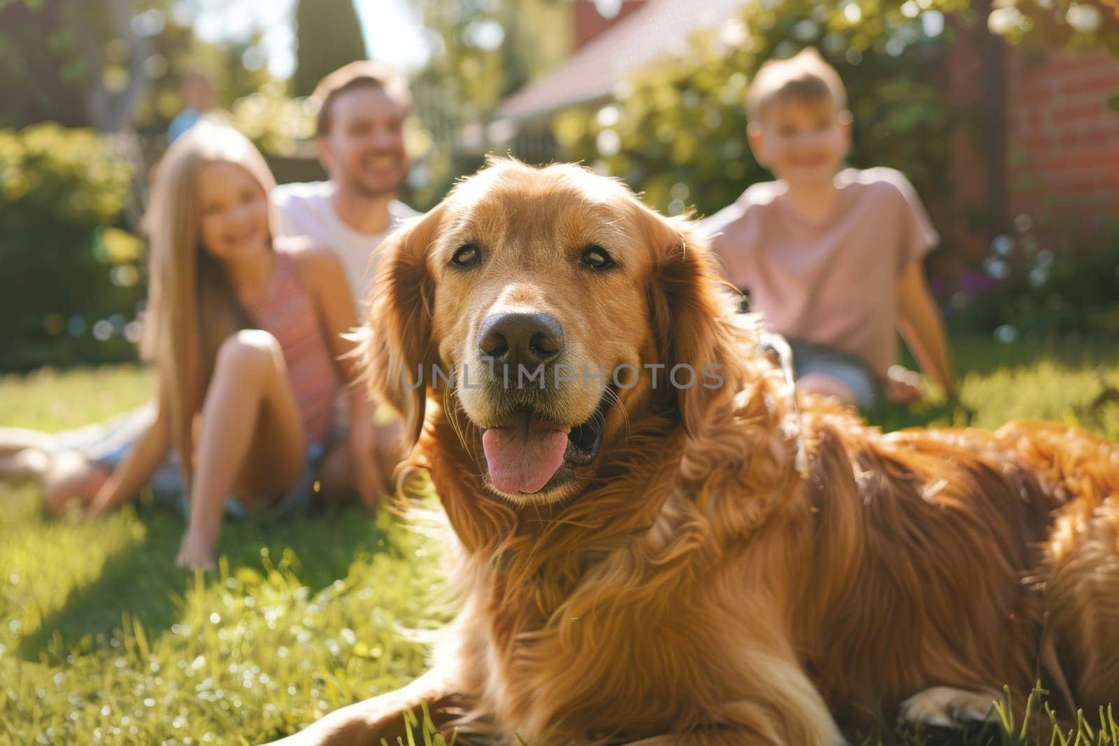 A woman and two children are playing with a golden retriever in a grassy yard by AI generated image by wichayada