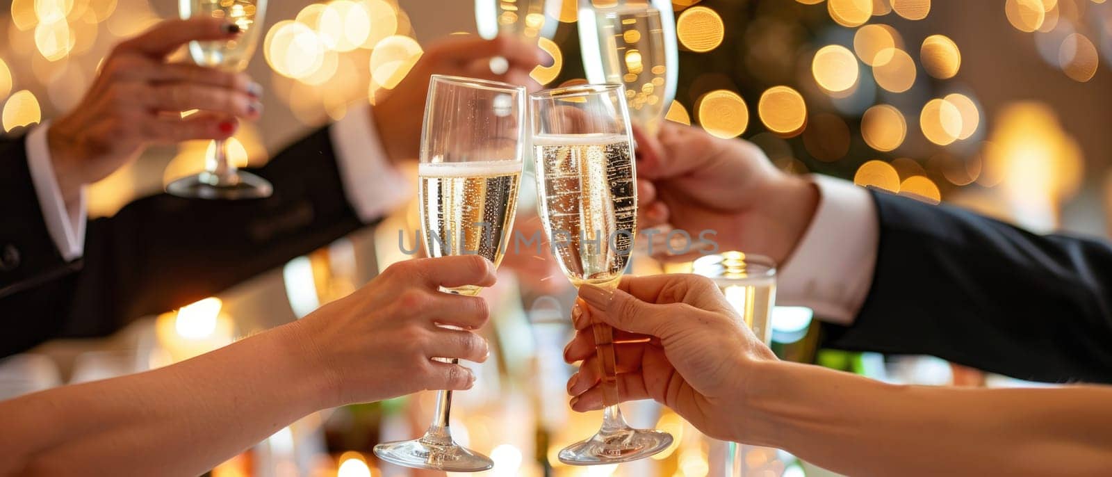 A group of people are toasting with champagne glasses by AI generated image.