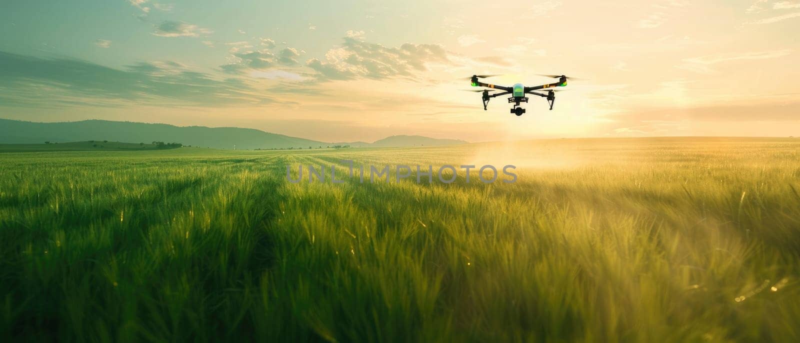 A drone spraying a field of crops by AI generated image by wichayada