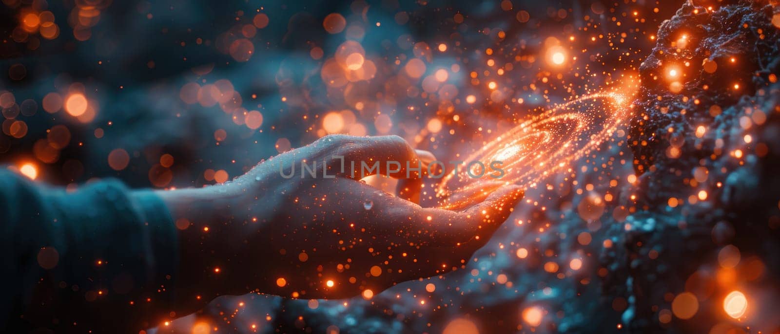 A hand is reaching out to touch a glowing orb in the sky by AI generated image.